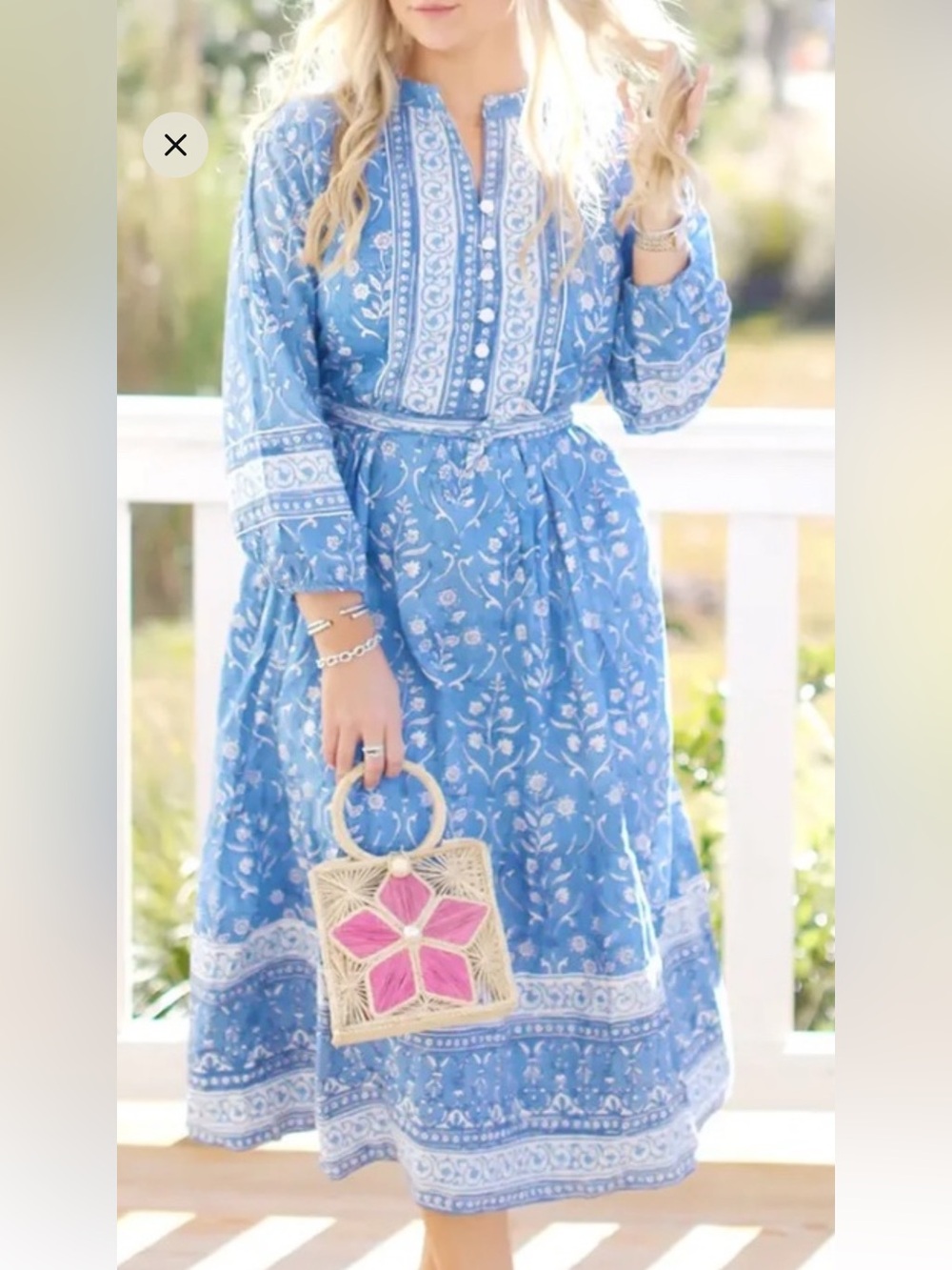 New Blue Floral Button-Front Maxi Dress with Belt/cotton/pocket/ Darlington Isle